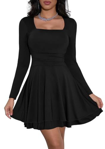 Cicy Bell Damen Kleider Langarm Quadratischer Ausschnitt Partykleid Rüschensaum Korsett Minikleid Geraffte Taille Kleid Kurz Elegant Bodycon Schwarz S