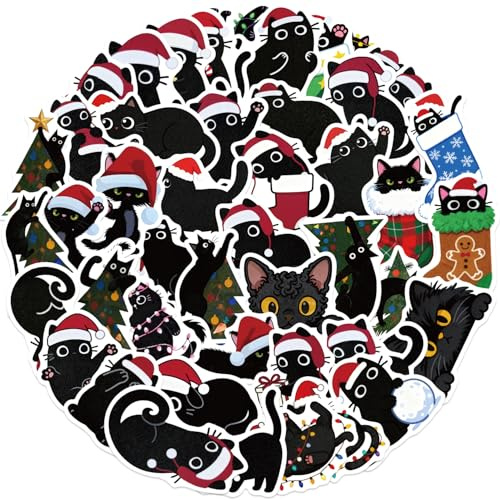 50Stück Weihnachten Katze Aufkleber für Laptop,Motorrad,Skateboard,Kühlschrank,Nette Tier Wasserdichte Vinyl Sticker,Teenager Mädchen Geschenk,Schwarze Katze Cartoon Aesthetic Graffiti Stickers