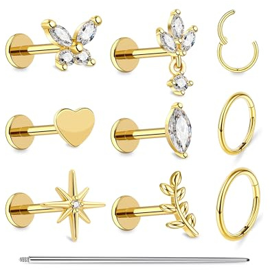 Bonbling G23 Titan 16G/18G Ohr Studs Ohrstecker Tragus Knorpel Helix Ohrring CZ Schmetterling Blume Blattwerk Herz Labret Conch Piercing Schmuck