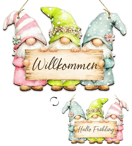 Osterdeko Frühlingsdeko Türschild Willkommen aus Holz, Beidseitig Bedruckt mit „Willkommen“ & „Hallo Frühling“, GNOME Ostern Deko für Haustür, Eingang, Wohnzimmer & Garten