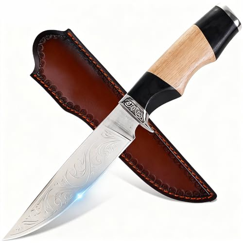 Couteau Outdoor 28cm – Lame Straight-Back Fine avec Gravure Vigne Élégante, Garde Décorée en Acier Inox, Poignée Multicouche en Bois Clair et Résine Noire avec Repose-Doigt, Étui en Cuir Premium