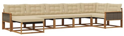 vidaXL Outdoor-Sofagarnitur mit Kissen 7 pcs Natur und Beige, Moderne Garten-Sofa-Garnitur, langlebige Möbel, schicker Sitzplatz, wetterfest, Bequeme Relaxoase