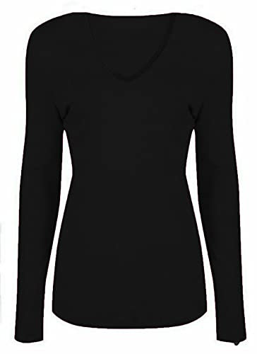 WearAll New Ladies V Neck Stretch Womens Long Sleeve Top Black 12/14