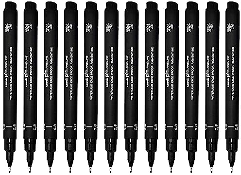 UNI-BALL PIN DRAWING PEN FINELINER ULTRA FINE LINE MARKER 0.8mm BLACK Ink - [Pack of 12]