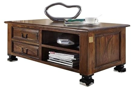 MASSIVMOEBEL24.DE | Couchtisch NEW Boston aus Sheesham, Massivholz Wohnzimmertisch mit 2 Schubladen und Ablageflächen