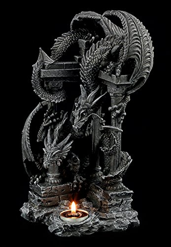 Fantasy Teelichhalter Figur - Zwei Drachen auf Ruine