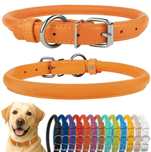 CollarDirect Rolled Leather Dog Collar, Soft Padded Round Puppy Collar, Handmade Genuine Leather Collar Dog Small Large Cat Collars Black Pink Red Purple Blue (Fits 20-23 Neck, Orange)