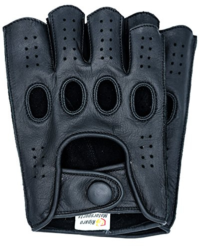 Riparo Herren Leder Reverse genäht Fingerlos Half-Finger Auto Fahren Motorrad Reiten Handschuhe (L, Schwarz)