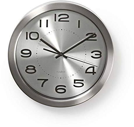 NEDIS Stylish Circular Silver Wall Clock Finished with Brushed Stainless Steel Edge and Quartz Movement for Precision and Accuracy - 30 cm Diameter