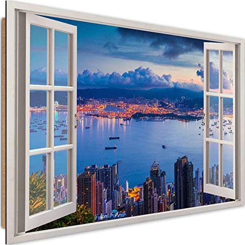 Wandbild XXL Fenster-Illusion Deko Kunst Bilder Stadt See Gebäude Blau 120x80 cm