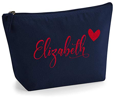 Personalisiert Name Initialen & Herz Kosmetiktasche Damen Schminktasche für Handtasche Makeup Tasche - Glitter oder Flocke Material Druck - Rote Flocke - L | Marine Blau