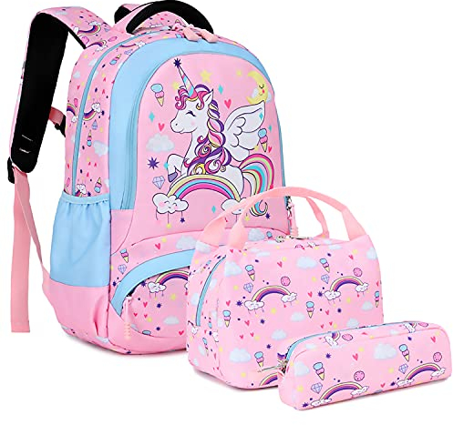 A AM SeaBlue School Bag for Girls Backpacks Set Unicorn Elementary Student Schoolbag Set Cute Lightweight Kids Backpack Children's Bookbag Teens Rucksack,Pink