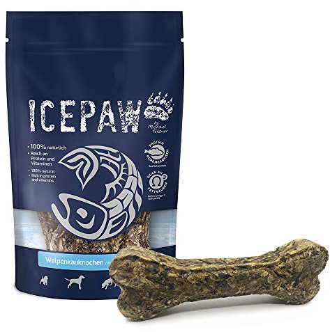 ICEPAW Welpenkauknochen (1 Beutel, 4 Stück, 250g) I aus Rinderhaut und Lachshaut I Zahnpflege für Welpen