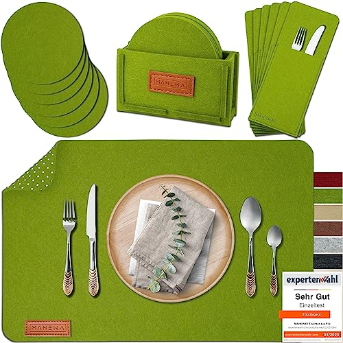 MAHEWA® 6er Set Premium Filz Tischset Platzset mit 6X Glasuntersetzer 1x Halter und 6X Bestecktaschen rutschfest Ab-waschbar Gras-Grün