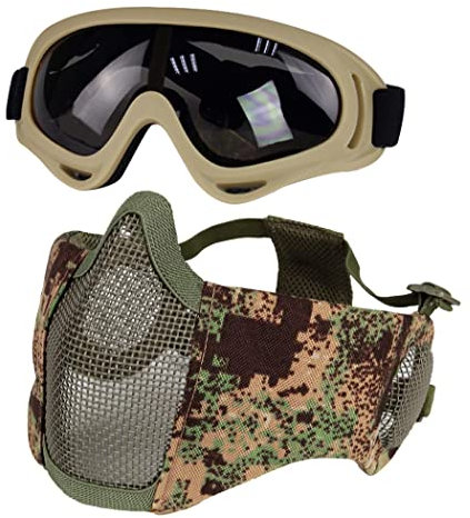 Yzpacc Airsoft Maske mit Brille, Faltbare Half Face Airsoft Mesh Maske mit Gehörschutz für Paintball Schießen Cosplay CS Game (PG)