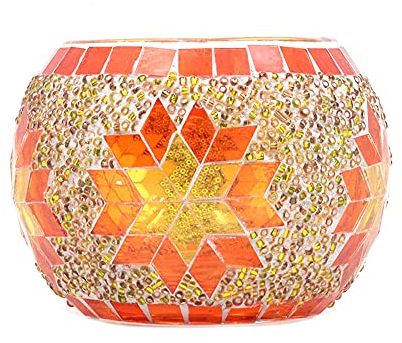 ANCLLO Portavelas de cristal redondo de mosaico, hecho a mano, copo de nieve, centro de mesa a granel para decoración del hogar, boda (naranja)