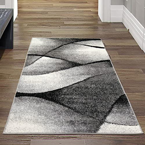 Teppich-Traum moderner Wohnzimmer Teppich Wellen Design in schwarz grau anthrazit - pflegeleicht & strapazierfähig Größe 80x150 cm