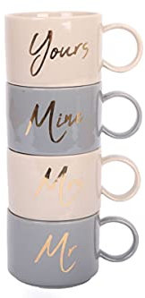 Set of 4 Mr and Mrs, Mine and Yours Stacking Mugs