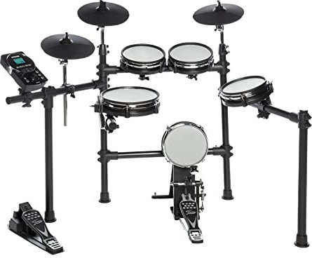 Fame DD-6600 E-Drum Set, Elektronisches Schlagzeug-Set mit 408 Sounds, Dual Zone Snare Pad 10“, Kick Pad 8“, Aux-Eingang, MIDI, Drumsticks, Effekten und Double Bass, E-Schlagzeug, Schwarz