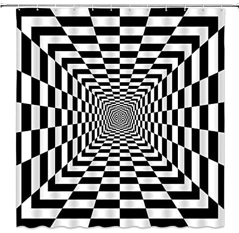 Optical Illusion Shower Curtain Psychedelic Black and White Chessboard Pattern Reflecting Symmetric Squares Zoom Abstract Vortex Hippie Modern Minimalist Art Polyester Bathroom Decor with Hook
