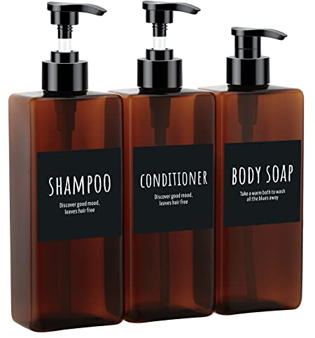 Segbeauty Seifenspender, 3 Stück 500ml Shampoo Flaschen zum Befüllen, Shampoo Spender für Dusche mit Etiketten, für Küchen, Bäder, Hotels, Bernstein