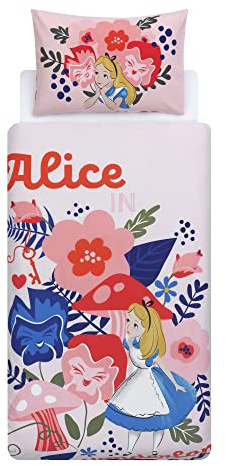Disney Home Alice im Wunderland Wende-Bettbezug-Set, 100 % Baumwolle, Einzelbettgröße, 2-teilig, 135 x 200 cm + 50 x 70 cm