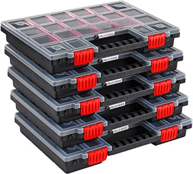 Valle Verde 5er Set Sortimentskasten, Sortierkasten, Kleinteilemagazin, Sortierbox - Verstellbare Trennstege, Transparenter Deckel, Verschließbar, Stapelbar, Kunststoff - 34,4 cm x 24,9 cm x 5 cm