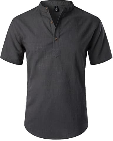 LucMatton Men's Casual Cotton Linen Short Sleeve Henley Shirt Summer Lightweight Banded Collar Beach Tops Dark Gray 3X-Large