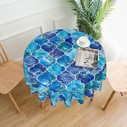 Marokkanische Tischdecke mit marmorierten blauen Fliesen, runde Tischdecke, waschbare Polyester-Tischdecke für Küche, Party, Picknick, Esszimmer, Dekoration, 60 Zoll