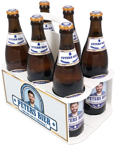 PRINTALA Bierträger + Bieretiketten personalisiert mit Foto & Text | Six-Pack + Aufkleber-Set personalisiert bedruckt mit Foto & Texten nach Wahl (Blau)