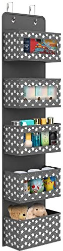 Vinsani Over The Door Hanging Organiser Space Saving Storage Solution 5 Tier Caddy With Clear Window and Steel Hooks Hanger For Bathroom Nursery Bedroom Toys Unisex – Dark Grey