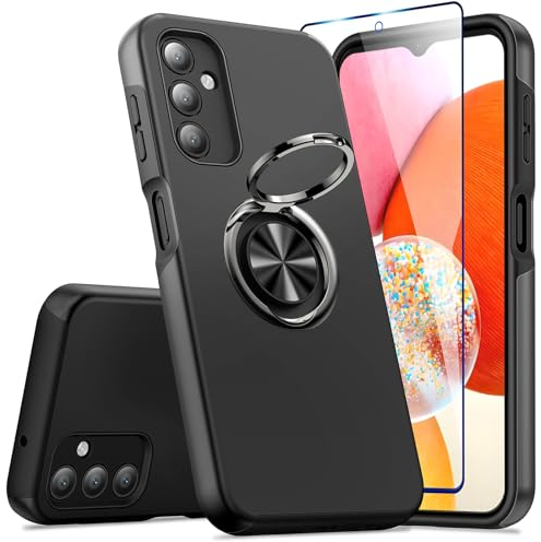 KRAFTCARE Hülle für Samsung Galaxy A14 4G/5G mit 1 Pack Panzerglas Schutzfolie, Handyhülle mit Eingebetteter 360° Grad Ring, Magnetische Schutzhülle Stoßfest Cover Case für Samsung A14 4G/5G,Schwarz