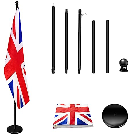 Mástil de bandera interior con base, 200 cm-252 cm elevado y bajado para ajustar la altura, la base añade peso, los mástiles giran 360 grados, 90 x 150 cm. Bandera del Reino Unido. Adecuado para