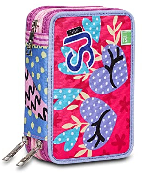 SJ Gang Federmäppchen, Mäppchen, mehrfarbig, Federtasche für Schreibwaren, Etui mit Stiften, Kugelschreiber, & mehr, 3 Fächer, Mädchen & Jungen, Schule - Grundschule, XXL, rosa/violett