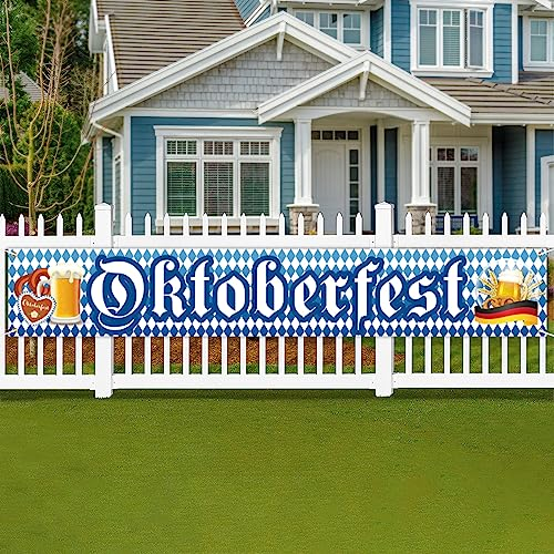 300 x 50 cm Oktoberfest-Banner dekorationen - Blau-weißes bayerisches Karo-Flaggen-Hintergrund-Schild, hängender Banner für deutsche Oktoberfest-Partydekorationen zu Hause, im Garten und auf dem Rasen