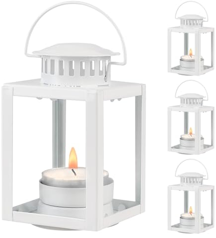 SWAWIS 4 Stück Laternen für Kerzen Gartenlaternen, Weiß Gartenlaterne für Teelichthalter, Vintage Hängen Kleine Laternen, Metall Klein Laterne für Dekoration von Hochzeit Geburtstagsparty Garten