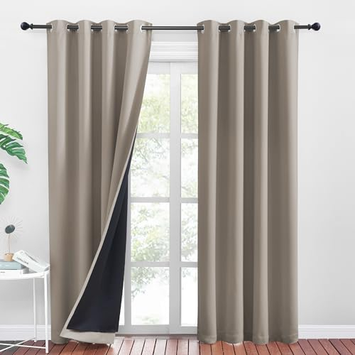 PONY DANCE Dicke und Schwere Vorhänge Hitzeschutz Thermovorhang Ösenschal 2er Set H 245 x B 140 cm Doppellagige Verdunklungsvorhänge Schlafzimmer Gardinen 100% Blickdicht, Sandfarben