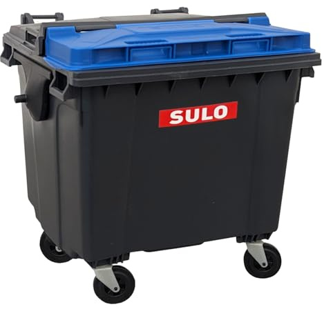 Sulo Mini Mülltonne Container 1100L Nachbildung | Tisch-Mülleimer Klein | Desktop Büro Schreibtisch Stifthalter | Grau mit Deckel-Einwurf Blau | Sammlerstück | 18x18x15 cm
