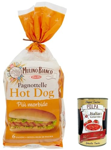 Italian Gourmet Pane Mini Hot Dog soffice 3 x 325g 6 panini pro Pack weich | Morbido pronto da farcire; ideal für Würstel, ketchup, senape, party und, Gesamtnettogewicht 975 g + Kostenlos Polpa 400g