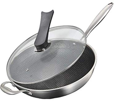 OQHAIR Wok für Induktion. Wok aus Edelstahl 304. Multifunktions-Pfanne mit Antihaftbeschichtung. Unbeschichtet. Ölfreier Räuchertopf. Induktionsherd. Gasherd. 34 cm. Runder Kochtopf-Wok