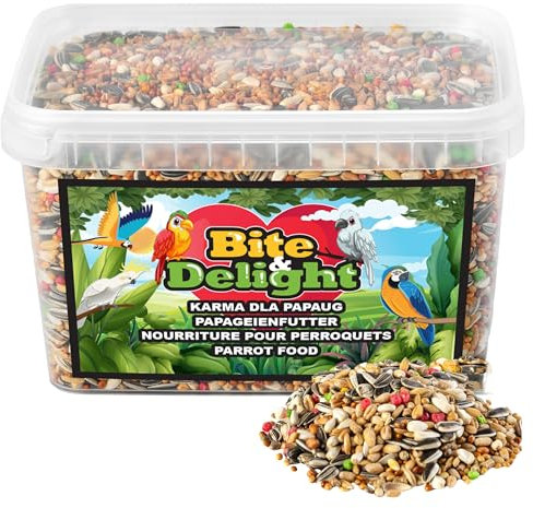 Bite & Delight Papageienfutter - Futter für Papageien - Papageienfutter Spezial ohne Nüsse - Leckerbissen für Großsittiche & Papageie - Vitaminquelle - Energiereiches & Ausgewogenes Futter - 1l 650g