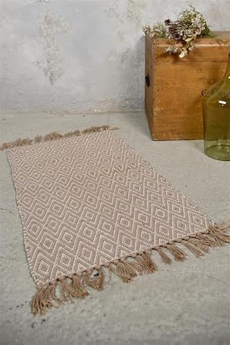 Vintage Teppich Vorleger Läufer Handgearbeitet Chenille Leder Jute Teppich Wohnzimmer Schlafzimmer Flauschig Weich Shabby Landhaus Style Muster Antik (799749 Jute gewebt 70x140cm Rosefarben)