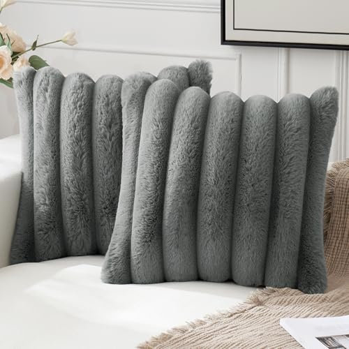 MIULEE 2er Set Plüsch Kissenbezüge Kunstpelz Dekorative Kissenhüllen Modern Sofakissen Boho Couchkissen für Wohnzimmer Sofa Schlafzimmer 50x50 Dunkelgrau