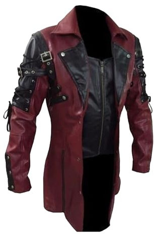 OULIWANGLUO Ledermantel Herren Mid Lang Leder Trenchcoat Slim Fit Revers Lederjacke Einfarbig Leather Jacket Windbreaker (Rot,M)