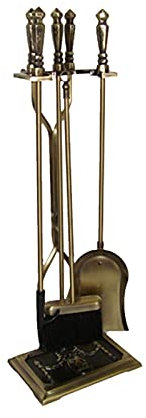 GLJTUO Ensemble D'Outils De Cheminée Robustes 5 Pièces en Laiton Et Fer Forgé avec Tisonnier, Pelle, Pince, Brosse, Support pour Cheminée, Poêle, Foyer, Intérieur Et Extérieur,