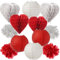 Partyset Papierdekoration 12-teilig Pompons Lampions Wabenbälle Wabenherzen Party Deko für Hochzeit Muttertag Geburtstag Dekorationsset (rot-weiß)