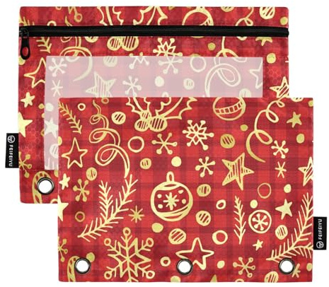 famyily Merry Christmas Buffalo Plaid Gold Red Pattern Binder Pouches 3 Rings with Clear Window Pencil Case Large and Sturdy 3 Hole Loched Folders for School, Office & Home Multicolor 2 PCS