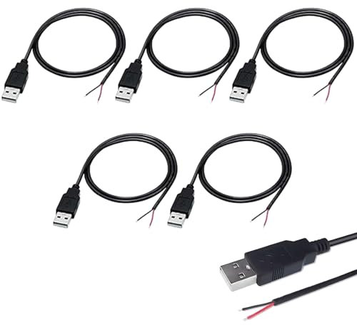 5 Pièces Queue de Cochon USB 22AWG, câble USB 2.0 à 2 Fils, extrémité Ouverte à Fil Nu à 2 Broches, câble USB mâle de 0,3 mètre, câble d'alimentation à Prise USB 12V 3A