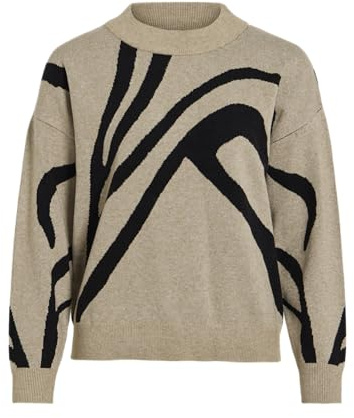 Vila Damen Strickpullover gestrickter Pulli Rundhals mit Muster VITif Jacquard