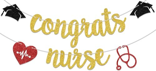 Congrats Krankenschwester Banner, Krankenschwester Abschluss Party Dekoration, Krankenpflegeschule Überlebende Dekoration, Glückwunsch Banner, Congrats RN BSN Graduation Supplies Gold Rot Glitzer
